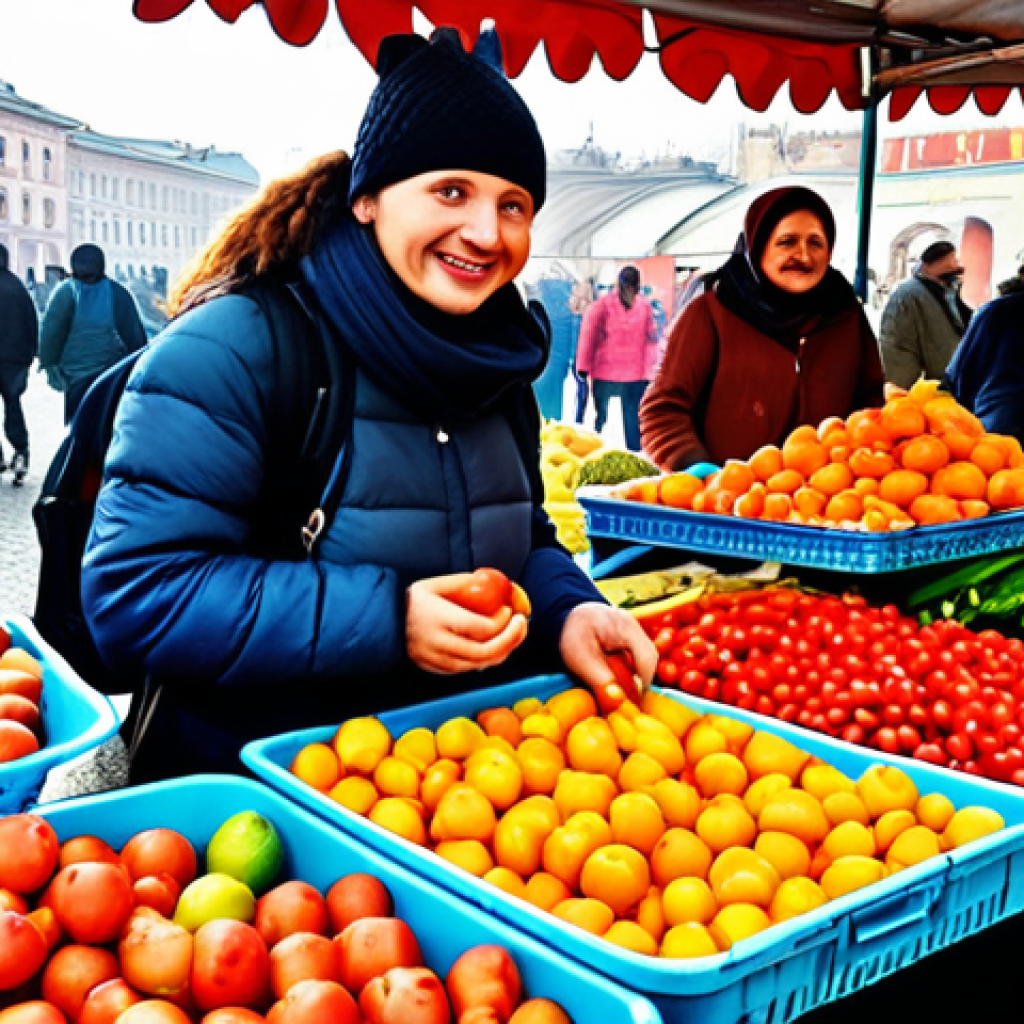 **Image Prompt:** A vibrant street market scene in Ukraine. Focus on colorful produce stands overflowing with fresh fruits and vegetables. Include locals bargaining with vendors, and a traveler with a backpack smiling while sampling a local delicacy. The style should be realistic and evoke a sense of bustling activity and affordable food options.