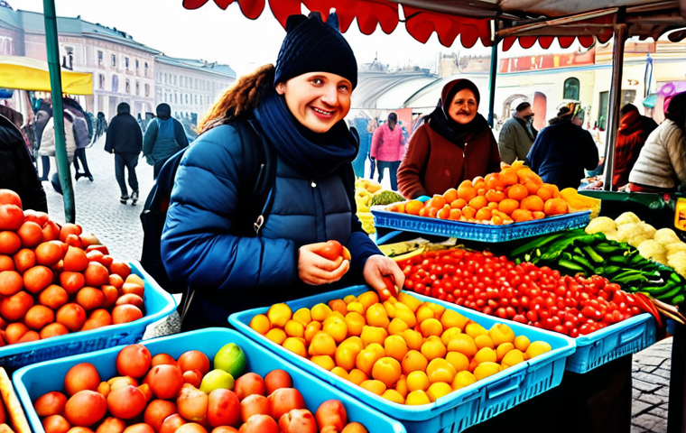 **Image Prompt:** A vibrant street market scene in Ukraine. Focus on colorful produce stands overflowing with fresh fruits and vegetables. Include locals bargaining with vendors, and a traveler with a backpack smiling while sampling a local delicacy. The style should be realistic and evoke a sense of bustling activity and affordable food options.