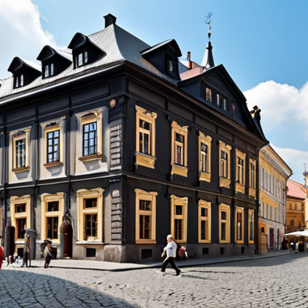 **

Lviv Market Square. Cobblestone streets, historic buildings (Town Hall, Black House, Korniakt Palace), people strolling, vibrant atmosphere. Focus on architecture and lively feel.

**