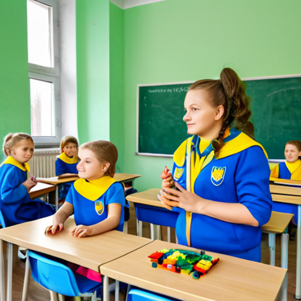 Modern Ukrainian Elementary School Classroom**

"A bright, modern classroom in a Ukrainian elementary school. Children are sitting at desks, fully clothed in casual, appropriate attire. The teacher, a friendly woman in professional dress, is leading an interactive lesson with LEGO bricks. The classroom is decorated with colorful posters and educational materials in Ukrainian. Perfect anatomy, correct proportions, natural pose, well-formed hands, proper finger count, natural body proportions, safe for work, appropriate content, fully clothed, family-friendly, professional photography, high quality."

**