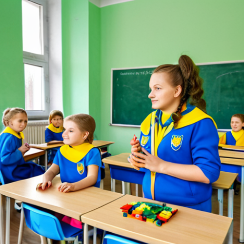 Home 22 Modern Ukrainian Elementary School Classroom**
"A bright, modern classroom in a Ukrainian elementary school. Children are sitting at desks, fully clothed in casual, appropriate attire. The teacher, a friendly woman in professional dress, is leading an interactive lesson with LEGO bricks. The classroom is decorated with colorful posters and educational materials in Ukrainian. Perfect anatomy, correct proportions, natural pose, well-formed hands, proper finger count, natural body proportions, safe for work, appropriate content, fully clothed, family-friendly, professional photography, high quality."
**