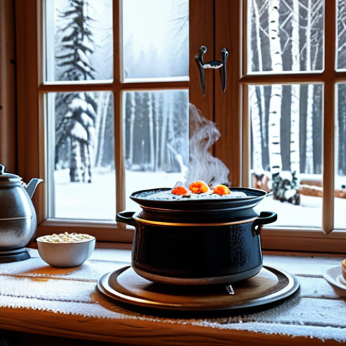 Home 9 **
Prompt: A cozy dacha interior in winter, log walls, samovar steaming on a wooden table, blini with caviar, fur ushanka hat, snow-covered birch trees visible through the window, warm lighting, volumetric, 8k, realistic.
**