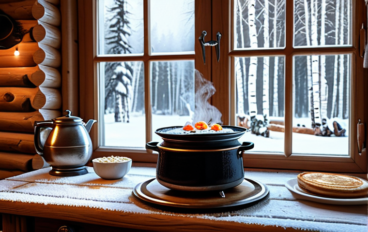 **
Prompt: A cozy dacha interior in winter, log walls, samovar steaming on a wooden table, blini with caviar, fur ushanka hat, snow-covered birch trees visible through the window, warm lighting, volumetric, 8k, realistic.
**