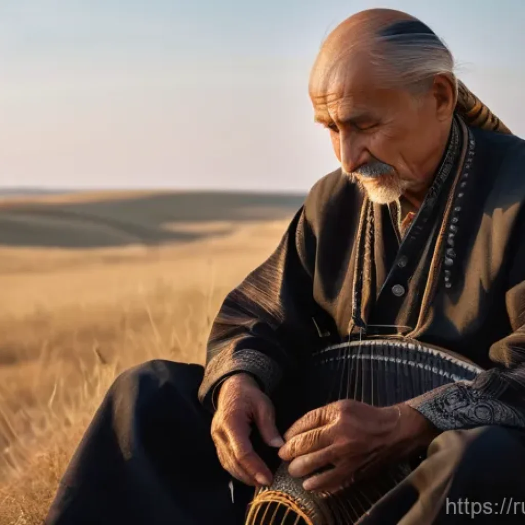 우크라이나 민속 음악 - A solitary elderly Ukrainian kobzar, with a wise, weathered face, plays a traditional multi-stringed...