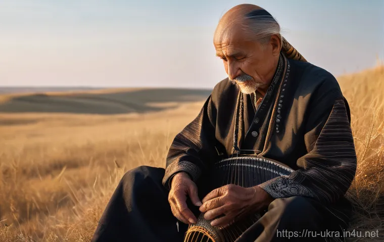 우크라이나 민속 음악 - A solitary elderly Ukrainian kobzar, with a wise, weathered face, plays a traditional multi-stringed...