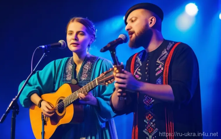 우크라이나 민속 음악 - An energetic Ukrainian folk dance ensemble, featuring diverse male and female dancers of various age...