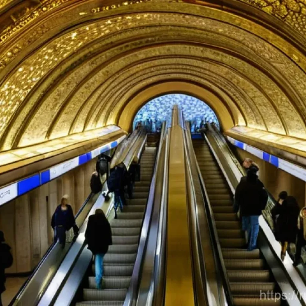 우크라이나 지하철 이용법 - **Prompt:** A dynamic, wide-angle shot inside the Kyiv Metro, highlighting the architectural grandeu...