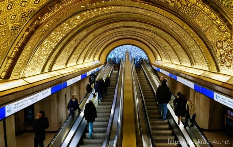 우크라이나 지하철 이용법 - **Prompt:** A dynamic, wide-angle shot inside the Kyiv Metro, highlighting the architectural grandeu...