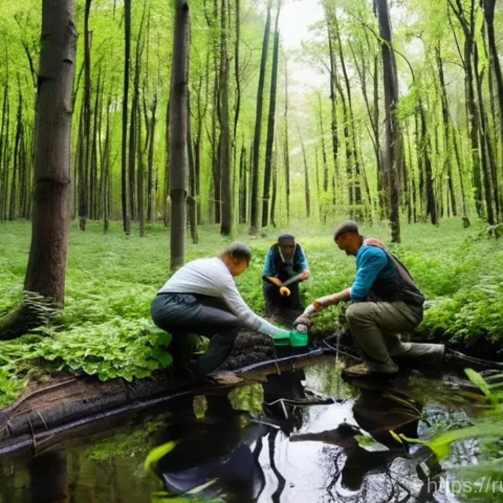 우크라이나 환경 보호 단체 - **Prompt:** "A group of dedicated Ukrainian environmental scientists and activists in a lush, regene...