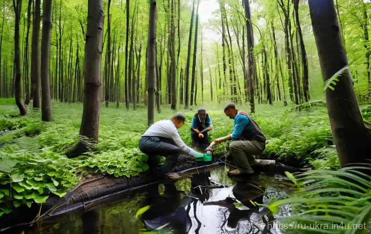우크라이나 환경 보호 단체 - **Prompt:** "A group of dedicated Ukrainian environmental scientists and activists in a lush, regene...