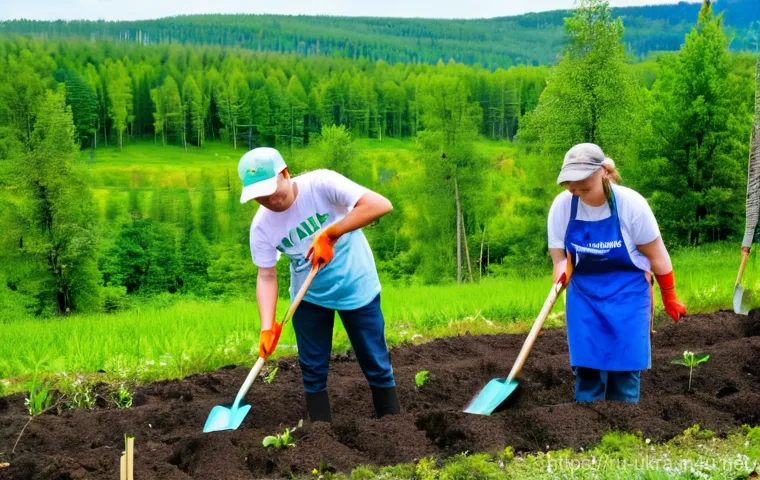 우크라이나 환경 보호 단체 - **Prompt:** "A group of dedicated Ukrainian environmental scientists and activists in a lush, regene...