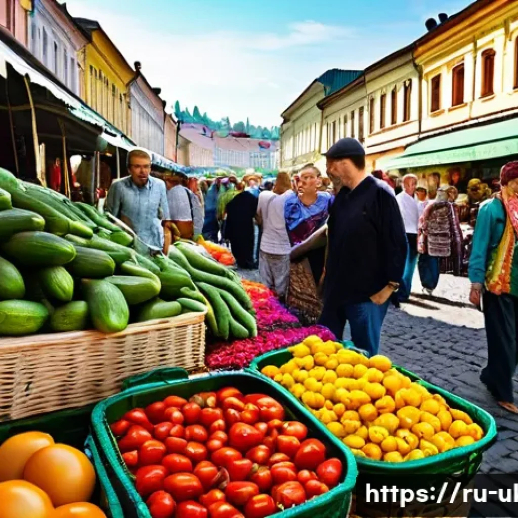 우크라이나 전통 시장 탐방 - **Prompt 1: Vibrant Ukrainian Market Atmosphere**
    "A bustling, sun-drenched Ukrainian traditiona...