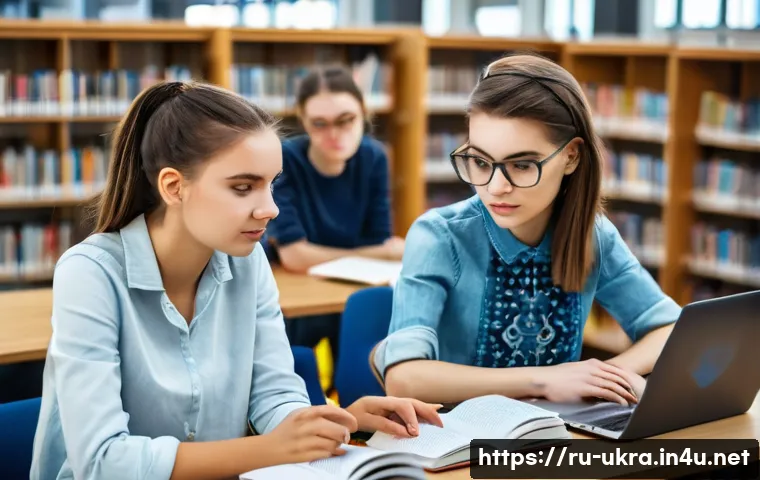 우크라이나 유학생 현황 - A diverse group of Ukrainian students studying together in a modern university library in Warsaw, Po...