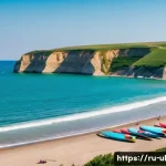 Home 21 우크라이나에서 서핑 가능한 지역 - A serene beach scene at Lebedevka near Odessa, Ukraine, featuring gentle, soft waves ideal for begin...