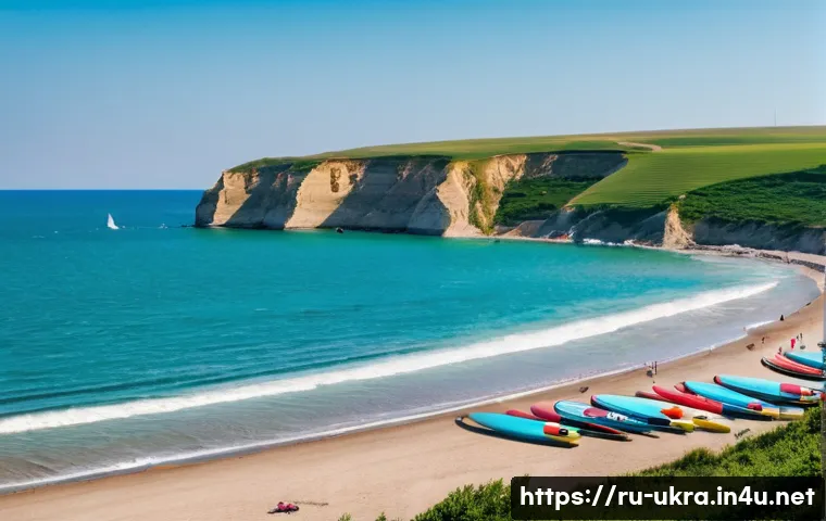 우크라이나에서 서핑 가능한 지역 - A serene beach scene at Lebedevka near Odessa, Ukraine, featuring gentle, soft waves ideal for begin...