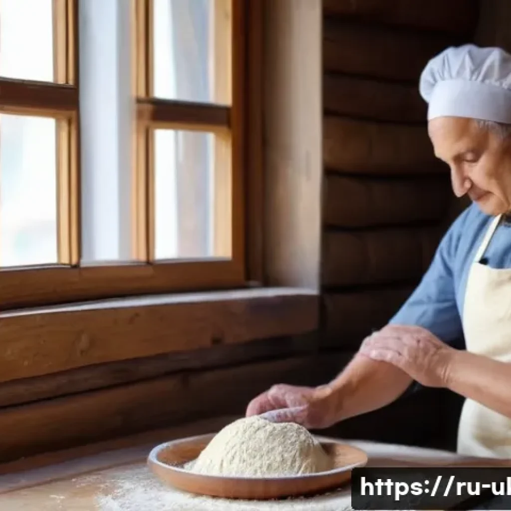우크라이나 베이커리 문화 - A rustic Ukrainian bakery scene showcasing a skilled baker&rsquo;s hands gently kneading traditional dough...