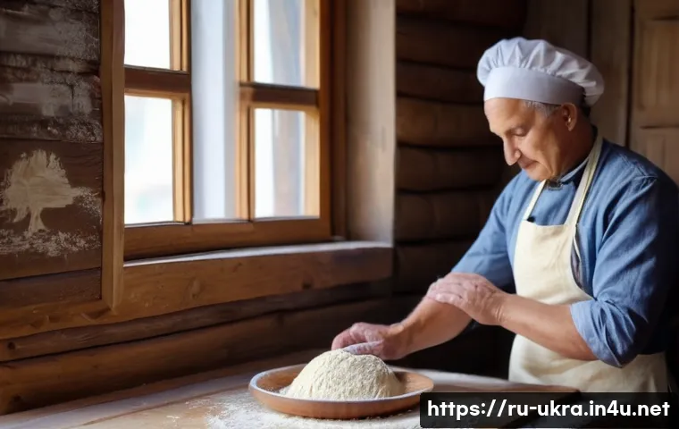 우크라이나 베이커리 문화 - A rustic Ukrainian bakery scene showcasing a skilled baker&rsquo;s hands gently kneading traditional dough...