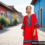 Home 19 우크라이나 패션 스타일 - A modern urban fashion scene featuring a young woman wearing a stylish loose-fitting linen dress wit...