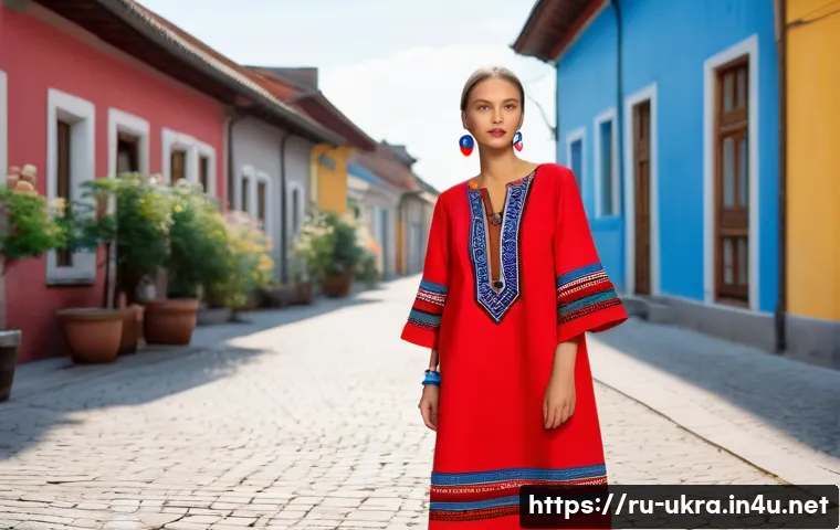 우크라이나 패션 스타일 - A modern urban fashion scene featuring a young woman wearing a stylish loose-fitting linen dress wit...