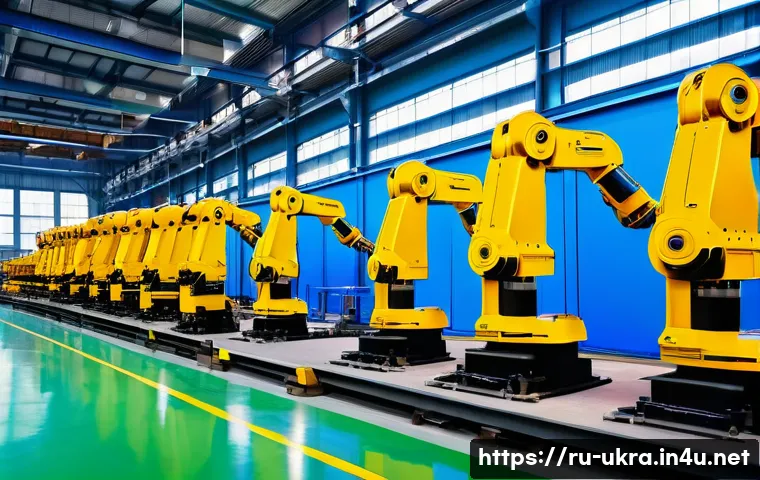 우크라이나 산업 성장 가능성 - A modern Ukrainian steel manufacturing plant interior, showcasing advanced robotic arms assembling m...
