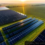Home 23 우크라이나 태양광 에너지 발전 - Photorealistic aerial view of a vast solar energy farm in rural Ukraine, long geometric rows of blue...