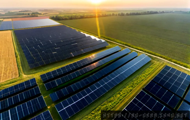우크라이나 태양광 에너지 발전 - Photorealistic aerial view of a vast solar energy farm in rural Ukraine, long geometric rows of blue...