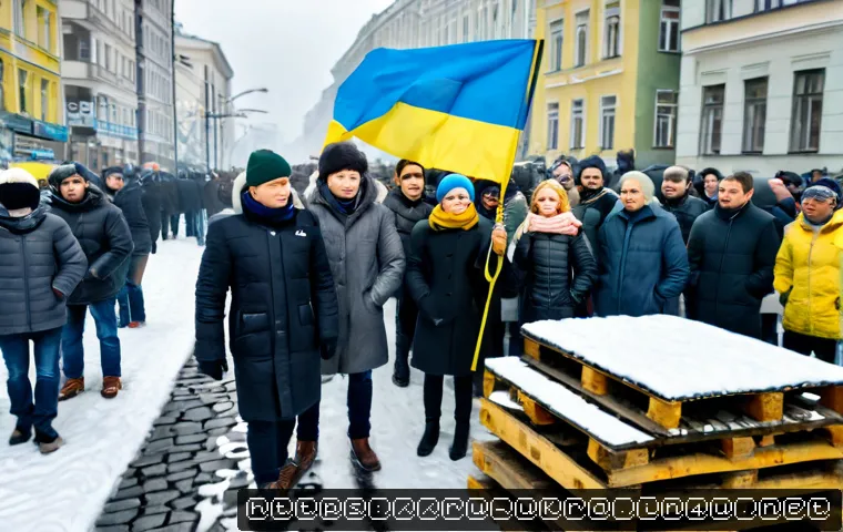 Home 17 유로마이단 혁명 배경 - Photorealistic winter street protest in central Kyiv during the Euromaidan movement, diverse Ukraini...