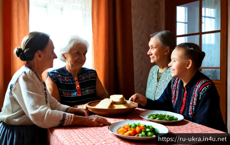 우크라이나 가정 문화 - Photorealistic Ukrainian family home interior, three generations gathering around a wooden dining ta...