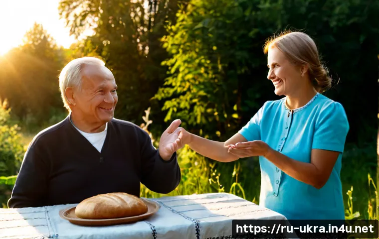 Home 17 우크라이나 국민성 특징 - Photorealistic candid scene of a multigenerational Ukrainian family welcoming guests at a sunlit cou...